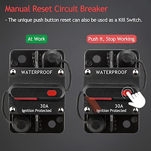 Hamolar 3 Pack 30 Amp Auto Car Stereo Audio Circuit Breaker Fuse 12-48VDC Manual Reset Button Switch Fuses, with Wire Lugs Copper Washer - Image 3