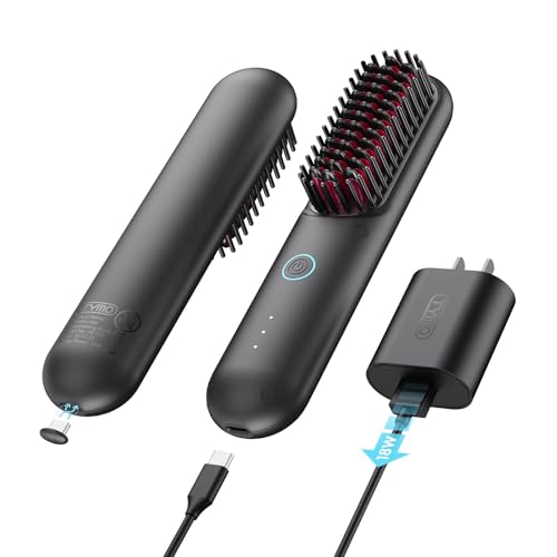 TYMO Porta Cordless Hair Straightener Brush, Portable Mini Straightening Brush for Travel, Negative Ion Hot Comb Hair Straightener for Women, Lightweight to Carry Out, USB Rechargeable, Black - Image 1