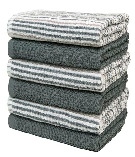 Bumble Towels Kitchen Towels 16”x 26” - 6 Pack | Large Cotton Dish Towels | Popcorn Stripe Design | 430 GSM Highly Absorbent with Hanging Loop | Gray - Image 4