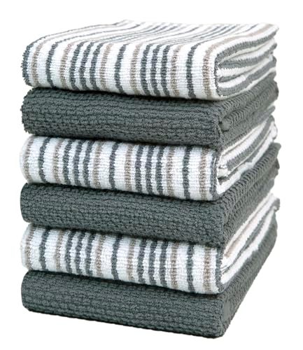 Bumble Towels Kitchen Towels 16”x 26” - 6 Pack | Large Cotton Dish Towels | Popcorn Stripe Design | 430 GSM Highly Absorbent with Hanging Loop | Gray - Image 1