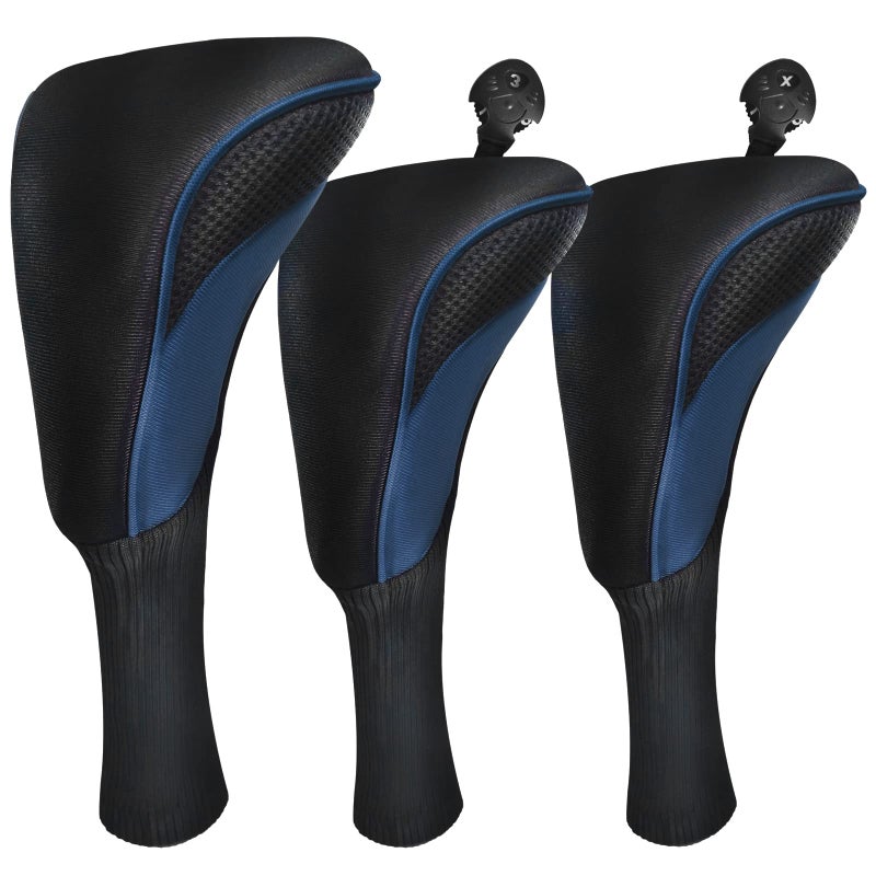 lurexes Golf Club Head Covers for Fairway Woods Driver Hybrids 3 Pieces Long Neck Mesh Sports Fan Golf Club Headcovers Set with Interchangeable No. Tags 3 4 5 6 7 X Golf Accessories for Men Women (Black Blue) - Image 1