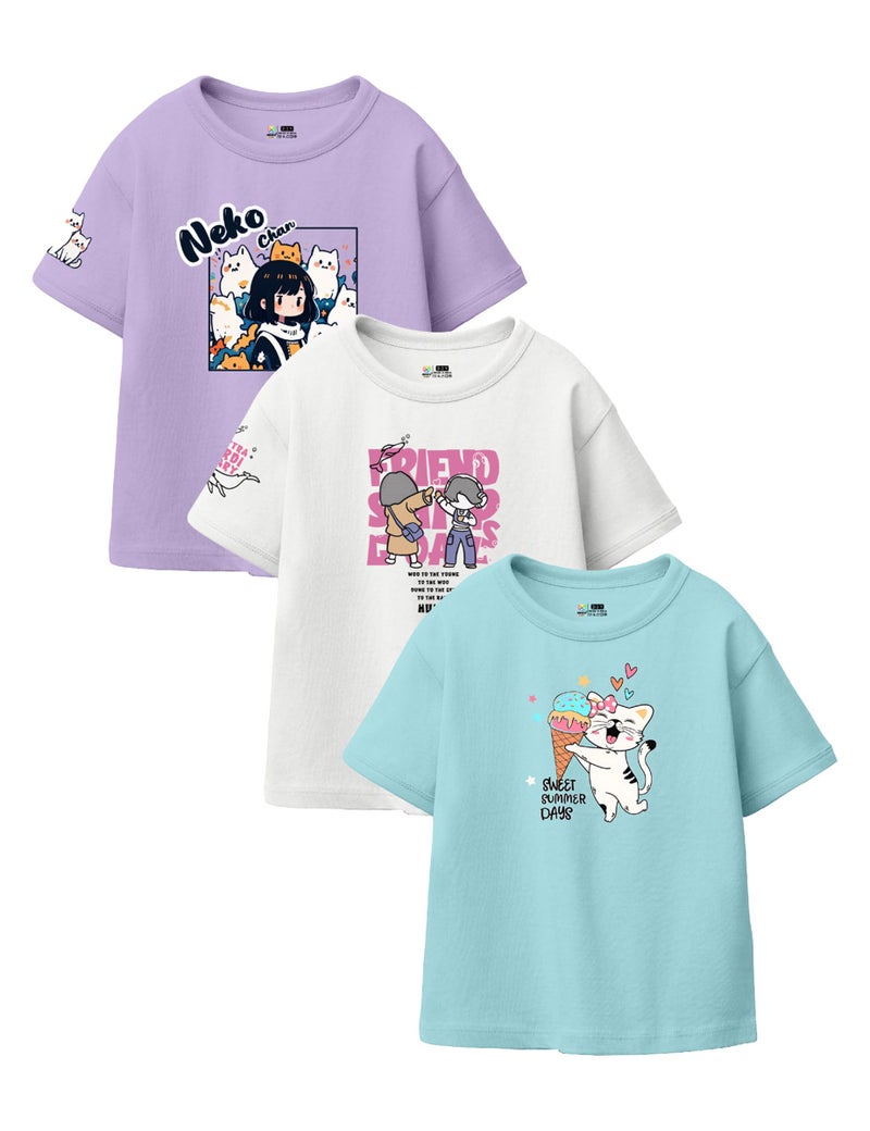 SHODOX® Girls Cotton Blend Printed Regular Fit Half Sleeve Multicolor T-Shirts (Pack of 3) - Image 1