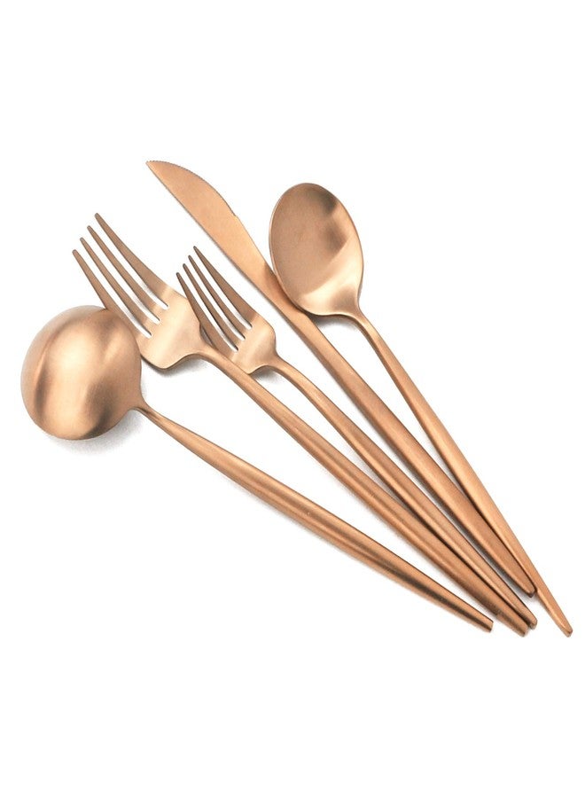 Gugrida Copper Gold Flatware, Royal 5 Pieces Luxury Matte Finish 18/10 Stainless Steel Tableware Sets for 1 Including Forks Spoons Knives, Camping Silverware Travel Utensils Set Cutlery (Rose Gold) - Image 1