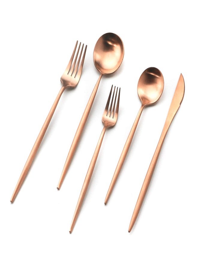 Gugrida Copper Gold Flatware, Royal 5 Pieces Luxury Matte Finish 18/10 Stainless Steel Tableware Sets for 1 Including Forks Spoons Knives, Camping Silverware Travel Utensils Set Cutlery (Rose Gold) - Image 3