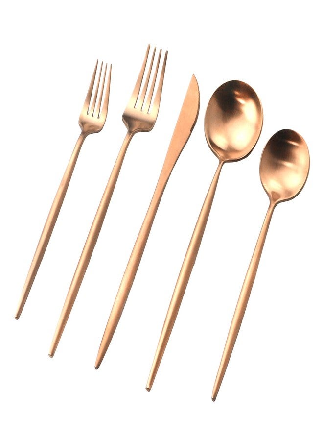Gugrida Copper Gold Flatware, Royal 5 Pieces Luxury Matte Finish 18/10 Stainless Steel Tableware Sets for 1 Including Forks Spoons Knives, Camping Silverware Travel Utensils Set Cutlery (Rose Gold) - Image 2
