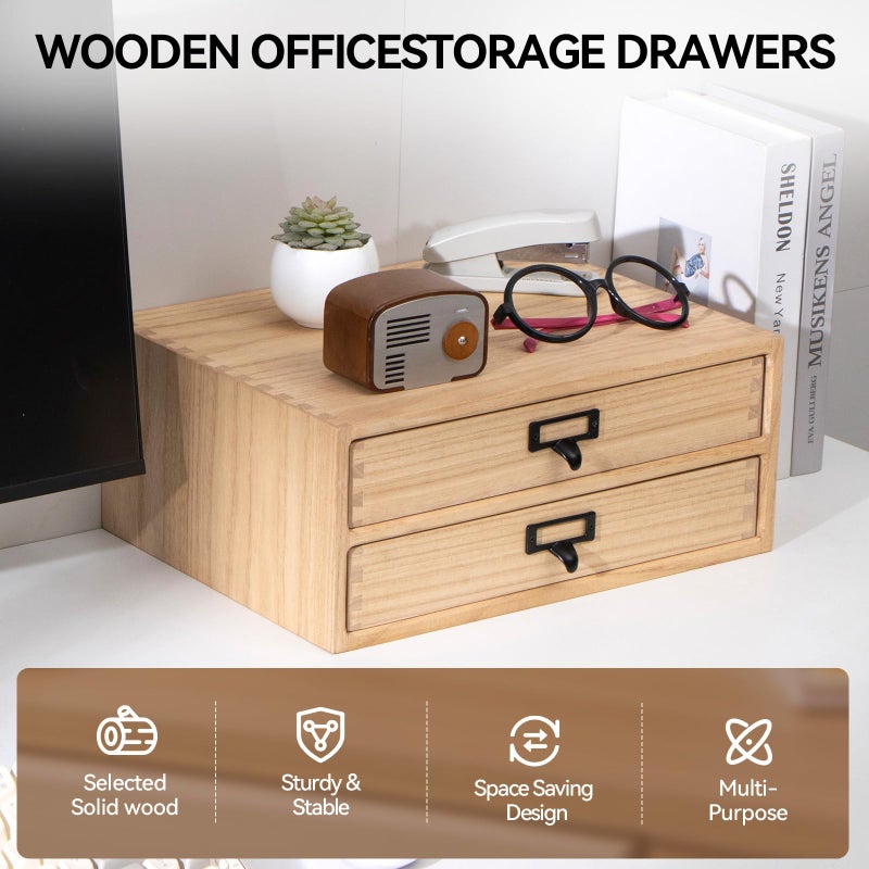Kirigen Natural Wood Desktop Storage Cabinet -Shallow Type Drawers - Fax Stand with metal handle - Small File organizer Size 13.78"L*10.6"W*5.9"H(NA, 2-Layer &2 Drawers) - Image 5