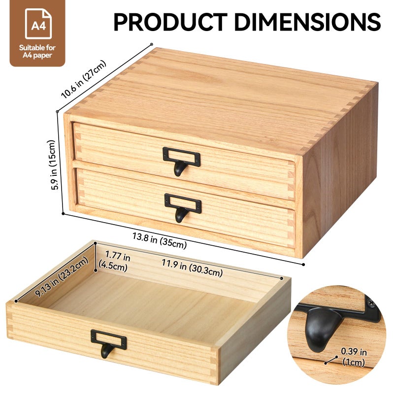 Kirigen Natural Wood Desktop Storage Cabinet -Shallow Type Drawers - Fax Stand with metal handle - Small File organizer Size 13.78"L*10.6"W*5.9"H(NA, 2-Layer &2 Drawers) - Image 3