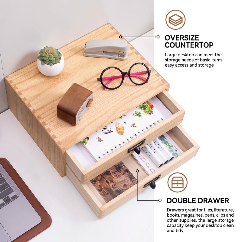 Kirigen Natural Wood Desktop Storage Cabinet -Shallow Type Drawers - Fax Stand with metal handle - Small File organizer Size 13.78"L*10.6"W*5.9"H(NA, 2-Layer &2 Drawers) - Image 4