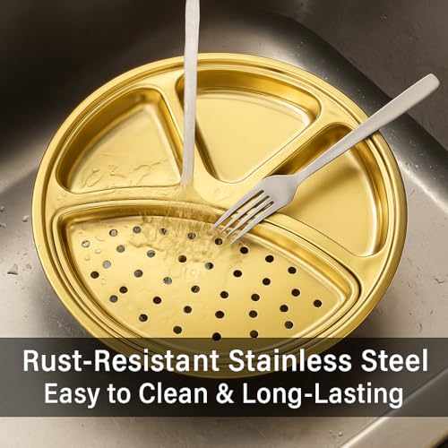 Snevad Stainless Steel Golden Compartment Thali Plate 4 Section Dinner Plate with Drain Holes Rust-Proof Reusable Serving Plate for Lunch & Dinner Food-Grade Metal Plate for Lunch, Dinner & Snacks - Image 4