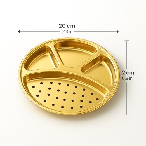 Snevad Stainless Steel Golden Compartment Thali Plate 4 Section Dinner Plate with Drain Holes Rust-Proof Reusable Serving Plate for Lunch & Dinner Food-Grade Metal Plate for Lunch, Dinner & Snacks - Image 2