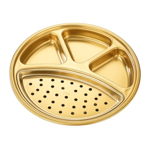 Snevad Stainless Steel Golden Compartment Thali Plate 4 Section Dinner Plate with Drain Holes Rust-Proof Reusable Serving Plate for Lunch & Dinner Food-Grade Metal Plate for Lunch, Dinner & Snacks - Image 1