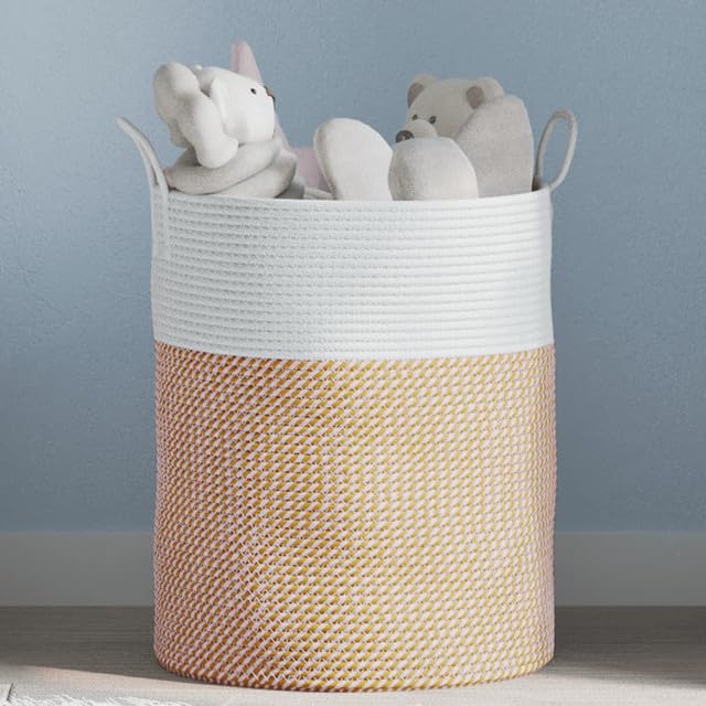 Tall Laundry Basket with Handles Woven Hamper Basket for Blankets Clothes Large Laundry Hamper Decorative Cute Storage Baskets for Living Room BedroomWhite Brown XLarge 15 x 20 in  - Image 1
