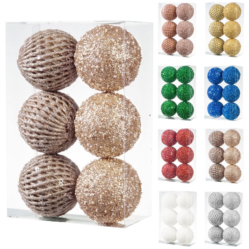 6pcs 394 Christmas Ball Ornaments Glitter Shatterproof Christmas Tree Ornaments Sequin Xmas Hanging Balls Decorations for Wedding Party HolidayChampagne Gold 6pc10cm