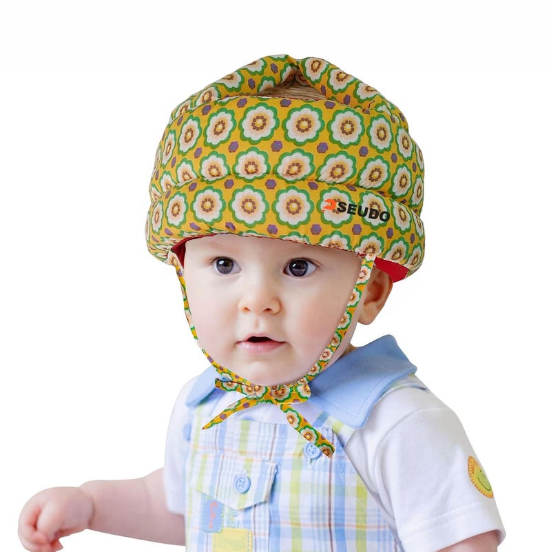PSEUDO Baby Toddlers Kids Child Head Back Safety Protector Pad Cushion Pillow with Straps (Dot Yellow) - Image 1