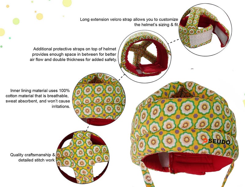 PSEUDO Baby Toddlers Kids Child Head Back Safety Protector Pad Cushion Pillow with Straps (Dot Yellow) - Image 3