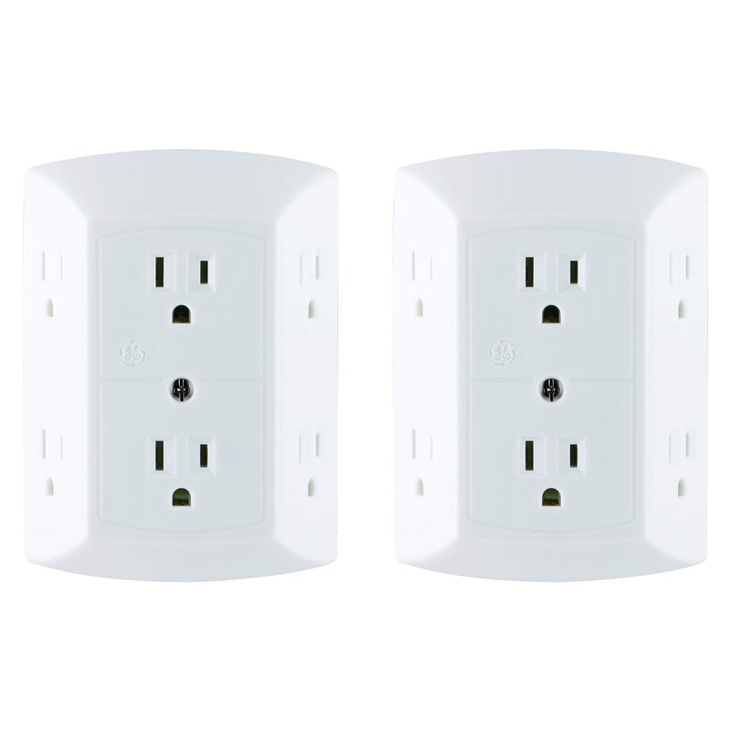 GE 6Outlet Extender 2 Pack Grounded Wall Tap Adapter Spaced Outlets 3Prong Outlet Splitter Multiple Plug Quick and Easy Install Cruise Essentials UL Listed White 40222