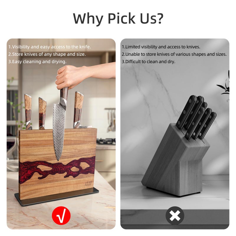 FINDKING Magnetic Knife Block, Double Sided Holder, Powerful Magnet Kitchen Storage, Acacia Wood and Red Resin (12 x 10 Inches, Without Knives) - Image 4