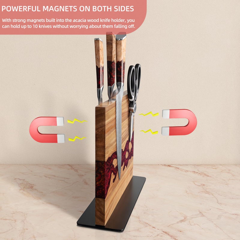 FINDKING Magnetic Knife Block, Double Sided Holder, Powerful Magnet Kitchen Storage, Acacia Wood and Red Resin (12 x 10 Inches, Without Knives) - Image 5