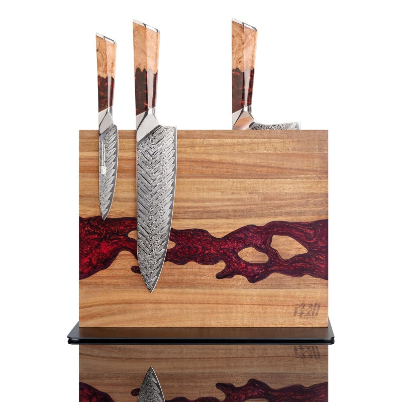 FINDKING Magnetic Knife Block, Double Sided Holder, Powerful Magnet Kitchen Storage, Acacia Wood and Red Resin (12 x 10 Inches, Without Knives) - Image 1
