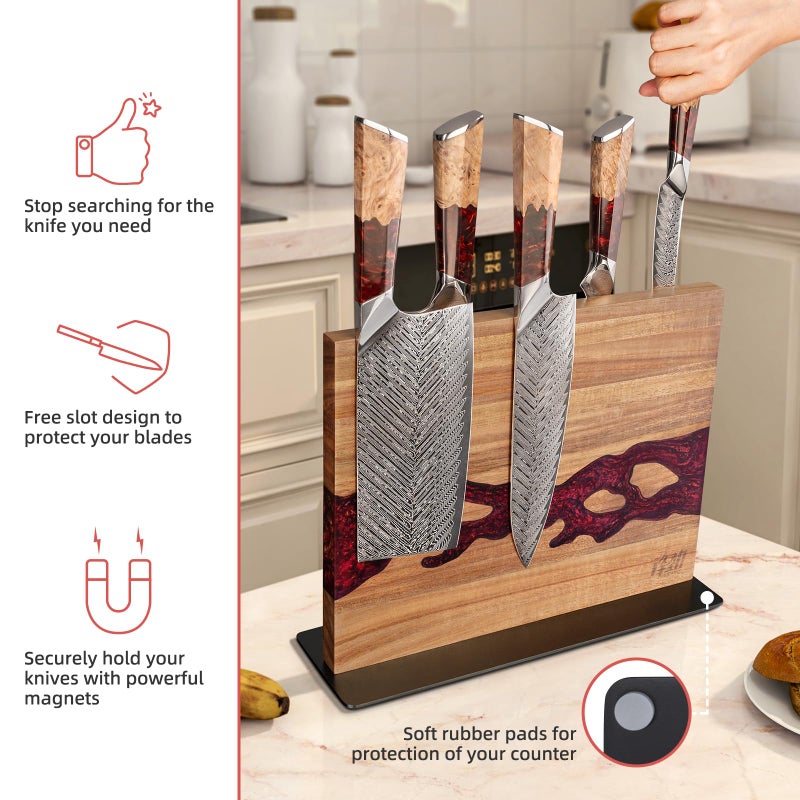FINDKING Magnetic Knife Block, Double Sided Holder, Powerful Magnet Kitchen Storage, Acacia Wood and Red Resin (12 x 10 Inches, Without Knives) - Image 3