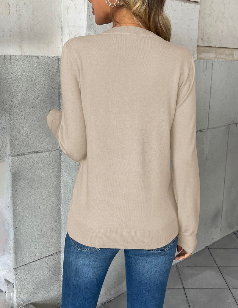 Zeagoo Women's 2026 Fall V Neck Sweater Trendy Long Sleeve Casual Lightweight Ribbed Knit Pullover Tops Beige - Image 3