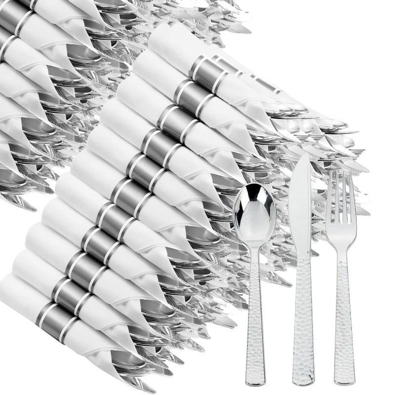 WELLIFE 200Pcs Silver Plastic Silverware with Pre Rolled Napkins for 50 Guests Utensil Sets Includes:50 Forks  50 Knives  50 Spoons  50 Napkins Cutlery Set Disposable - Image 1