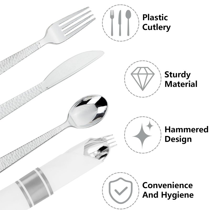 WELLIFE 200Pcs Silver Plastic Silverware with Pre Rolled Napkins for 50 Guests Utensil Sets Includes:50 Forks  50 Knives  50 Spoons  50 Napkins Cutlery Set Disposable - Image 3