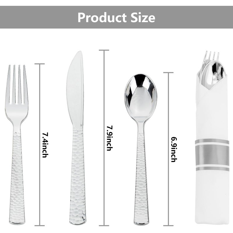 WELLIFE 200Pcs Silver Plastic Silverware with Pre Rolled Napkins for 50 Guests Utensil Sets Includes:50 Forks  50 Knives  50 Spoons  50 Napkins Cutlery Set Disposable - Image 2