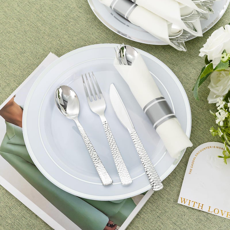 WELLIFE 200Pcs Silver Plastic Silverware with Pre Rolled Napkins for 50 Guests Utensil Sets Includes:50 Forks  50 Knives  50 Spoons  50 Napkins Cutlery Set Disposable - Image 4