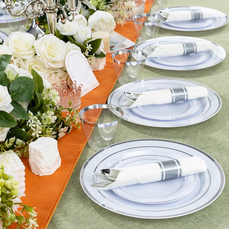 WELLIFE 200Pcs Silver Plastic Silverware with Pre Rolled Napkins for 50 Guests Utensil Sets Includes:50 Forks  50 Knives  50 Spoons  50 Napkins Cutlery Set Disposable - Image 5