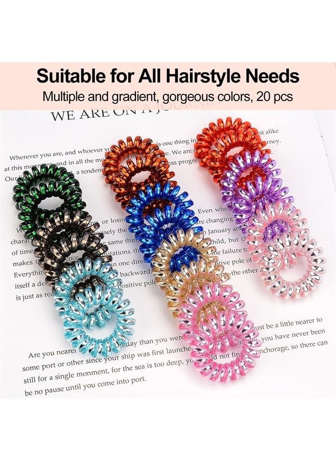 Spiral Hair Ties, 20 Pcs Traceless Phone Cord Hair Ties No Crease Spiral Bracelet Plastic Coil Ponytail Holders No-Damage Headband Hair Accessory for Girls Women Ladies Gift (Lustrous)