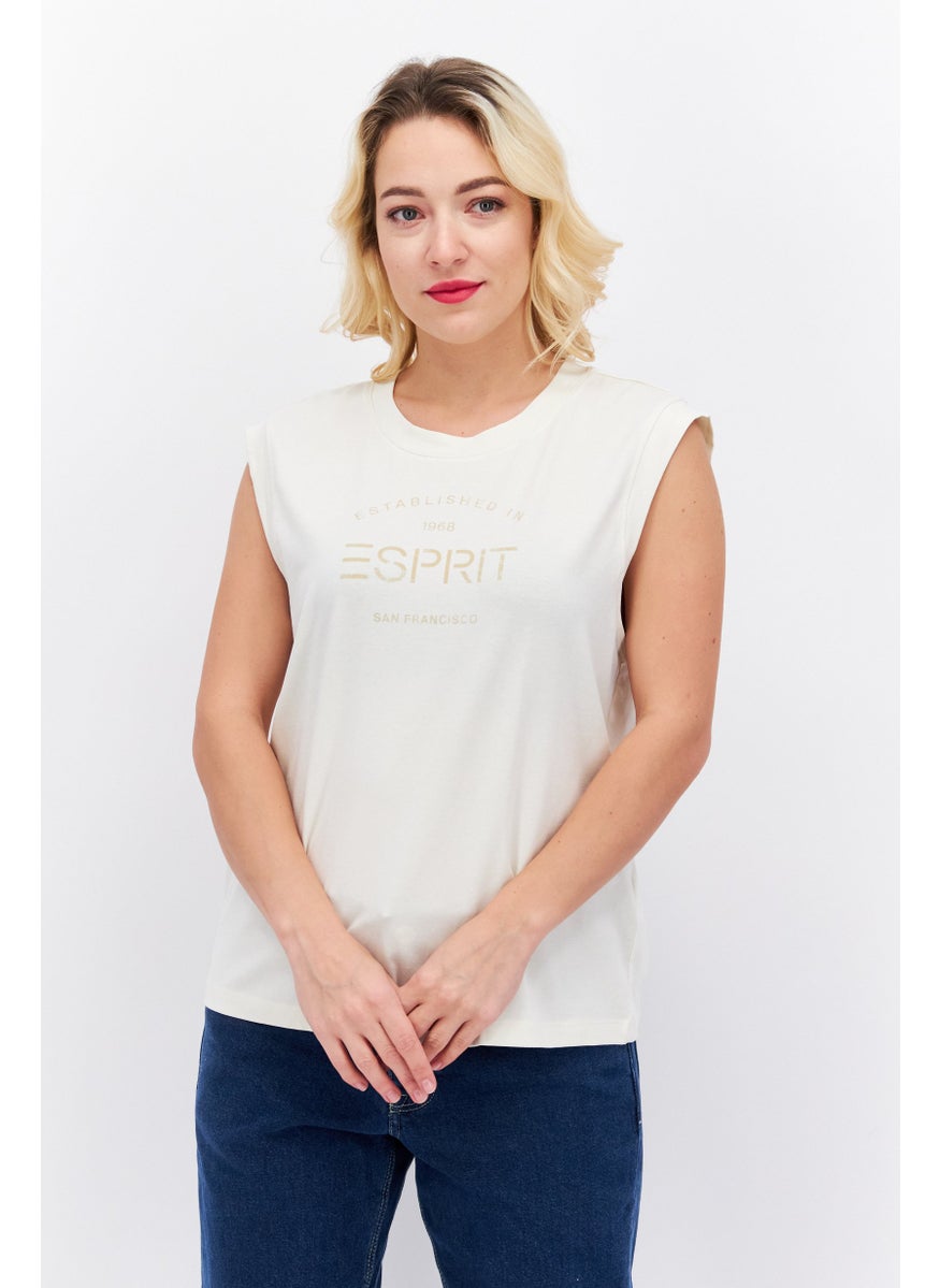 ESPRIT - Women Round Neck Sleeveless Graphic Print Top, Cream - Image 1
