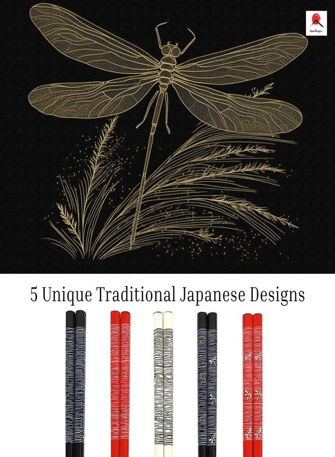 JapanBargain, 2-Pack 5-Pair Bamboo Chopsticks Set, Dragonfly Japanese Design, Reusable Wooden Chop Sticks, 9 Inch, Dishwasher Safe, Eco-Friendly for Sushi Ramen Noodles Rice Bowls Asian Dining - Image 2