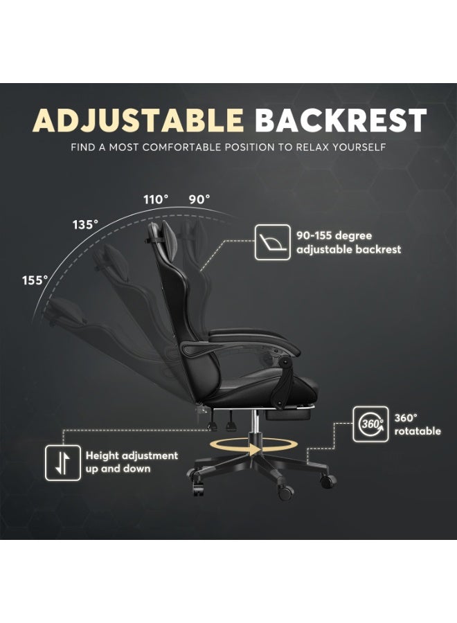 SHEIDLIN Ergonomic Gaming Chair with Footrest, 135° Reclining, Linkage Armrest, Lumbar Support, PU Leather for Office & Gaming - Image 5