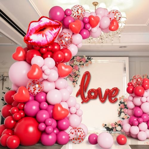 DBKL 138pcs Valentines Day balloon Garland Arch Kit Pink Red Rose Pink Balloons with Love Lips Foil Balloons for Valentines Birthday Wedding Anniversary Party Decorations - Image 5