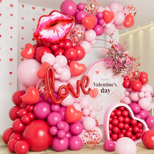 DBKL 138pcs Valentines Day balloon Garland Arch Kit Pink Red Rose Pink Balloons with Love Lips Foil Balloons for Valentines Birthday Wedding Anniversary Party Decorations - Image 1