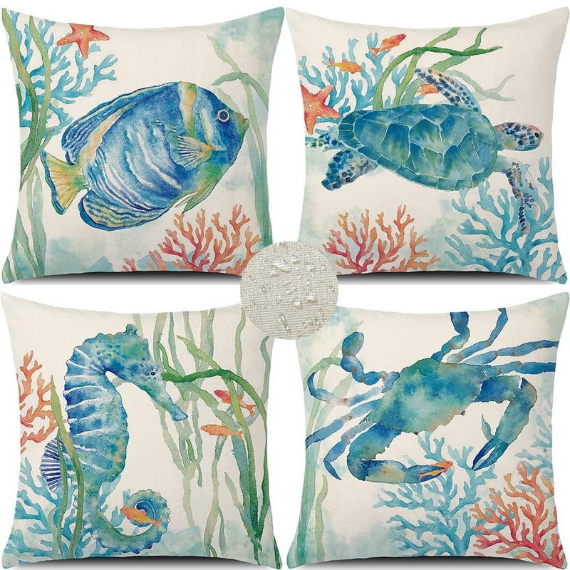 GTEXT Set of 4 Ocean Beach Outdoor Throw Pillow Covers Sea Coastal Theme Decor Cushion Square Pillowcase 18x18 inch Beach Pillows for Patio Couch Sofa Turtle Crab Seahorse Fish Waterproof