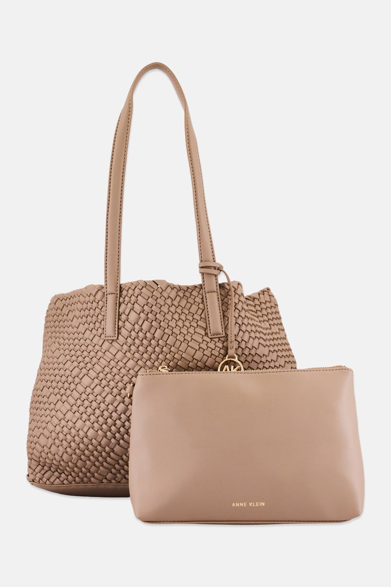 ANNE KLEIN Women 2 Pieces Brand Logo Tote Bag With Pouch, Beige - Image 1