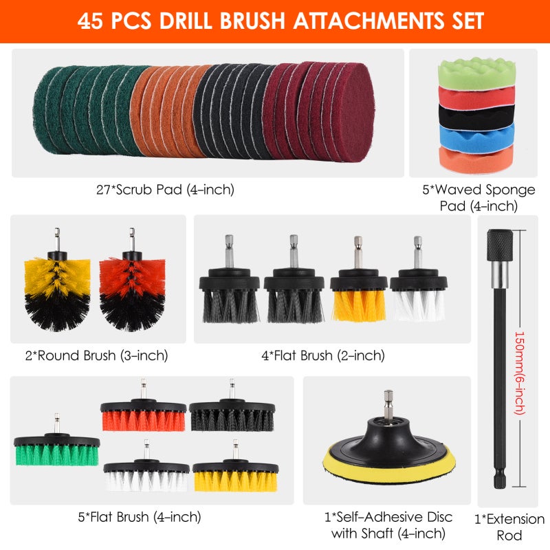 Drill Brush Attachment: 45 Pieces Scratch-free, Durable Kit - Time-saving Multifunctional Car Cleaning Brush Kit for Car, Home Kitchen, Bathroom & Deep Cleaning Surfaces - Image 2