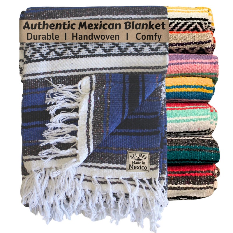 Del Mex Classic Mexican Blanket Large Authentic Woven Falsa Throw 70x50 Artisan Southwest Dcor for Beach Yoga Outdoors Blue - Image 2