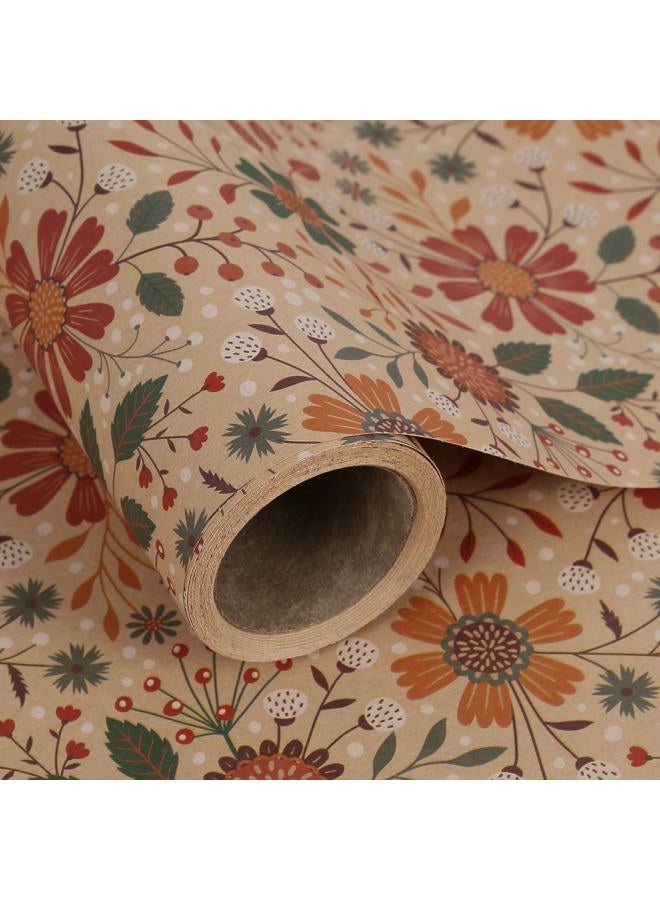 Aimyoo Floral Kraft Wrapping Paper Roll, All Occasion Vintage Flower Gift Wrap for Wedding Birthday Bridal Shower, 17 inch x 10 ft - Image 1