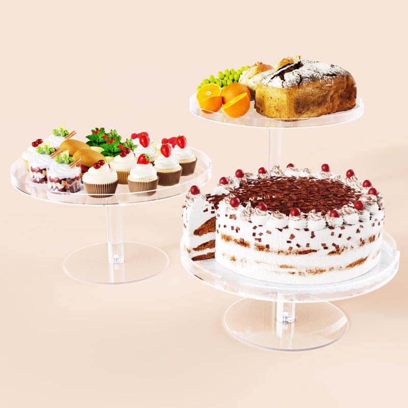 Bakzon Acrylic Cupcake Stand, Clear Dessert Dessert Table Display Set, Cupcake Tower Holder Display with Base for Wedding, Party, Baby Shower, 3 Set Round, Transparent - Image 1