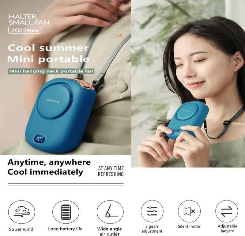 AOCOOLFAN Portable Neck Fan, Handheld Mini Fan Small Personal Fan, Hand Held Fan USB Rechargeable Eyelash Fan for Kids Girls Boys Woman Man Home Outdoor Travel (Blue) - Image 2