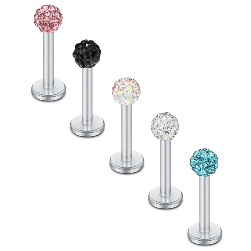 SCERRING 5PCS 16G 3mm Mix Color Czech Crystal Externally Threaded Labret Monroe Lip Ring Tragus Nail Helix Earring Stud Piercing Jewelry Bar Length 8mm - Image 1