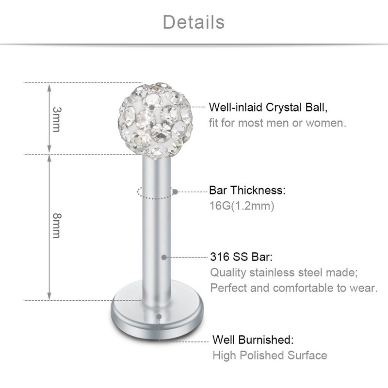 SCERRING 5PCS 16G 3mm Mix Color Czech Crystal Externally Threaded Labret Monroe Lip Ring Tragus Nail Helix Earring Stud Piercing Jewelry Bar Length 8mm - Image 2