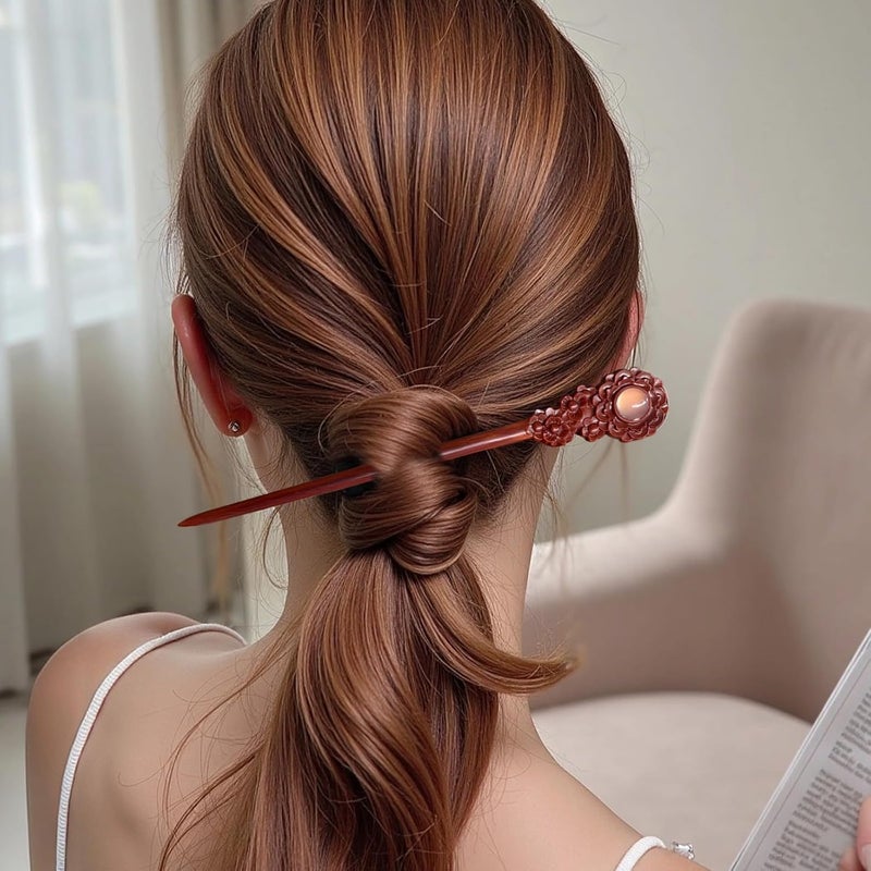Sunflower Design Red Sandalwood Hair Stick, 7.9 In Chopsticks For Women, Vintage Wooden Hair Pin, Elegant Handmade Hair Accessories - Image 4