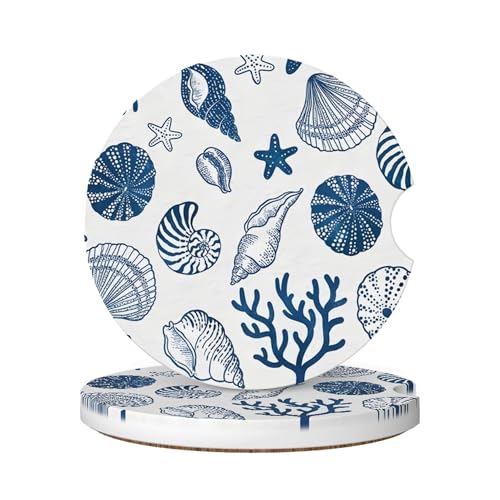 CTVSLFU Absorbent Car Coasters for Cup Holders 2 Pack Universal Anti Slip Ceramic Cup Coaster for Women Men 256 Inch Car Interior Accessories Blue Sea Shell 013 - Image 1