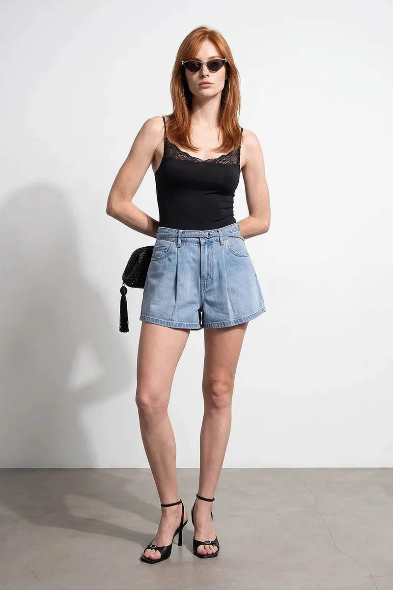Dilvin Light Blue Denim DILVIN High-Waist Belted Denim Shorts for Women | Best Price UAE