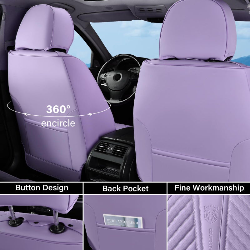 Coverado Car Seat Covers Full Set, Faux Leather Seat Covers for Car, Luxury Automotive Seat Covers Waterproof Car Seat Protector Universal Fit for Most Cars SUV Truck with Lumbar Support(Purple) - Image 3