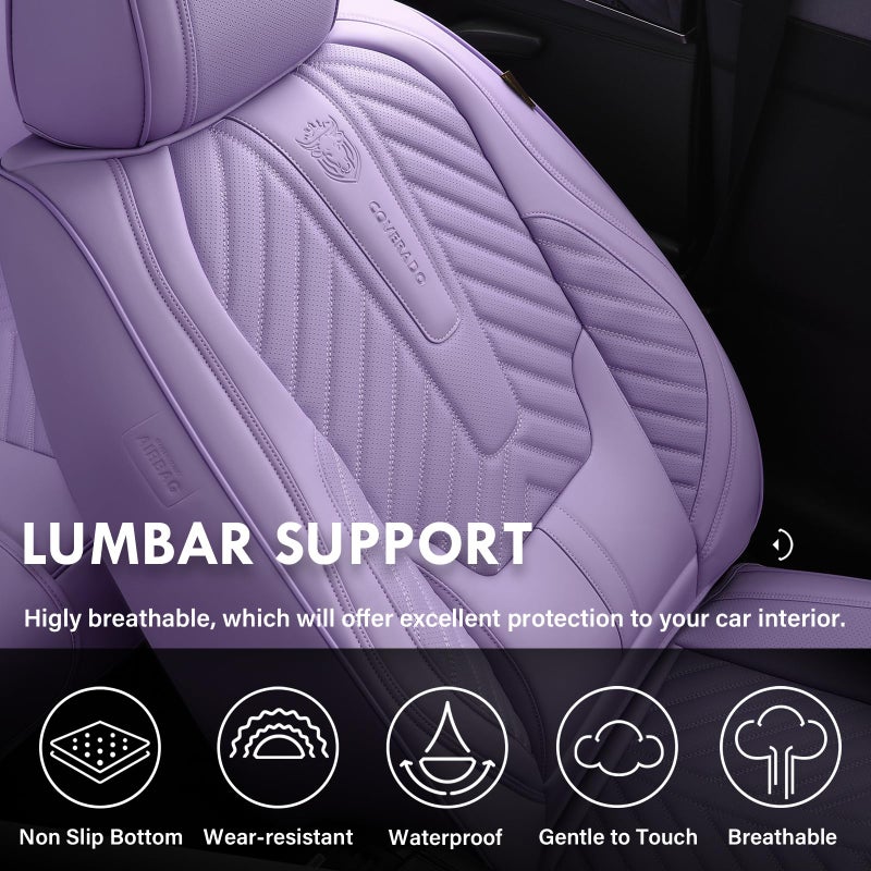 Coverado Car Seat Covers Full Set, Faux Leather Seat Covers for Car, Luxury Automotive Seat Covers Waterproof Car Seat Protector Universal Fit for Most Cars SUV Truck with Lumbar Support(Purple) - Image 4